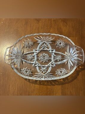 Cut Crystal Condiment Serving Dish Clear Glass Divided with Handles